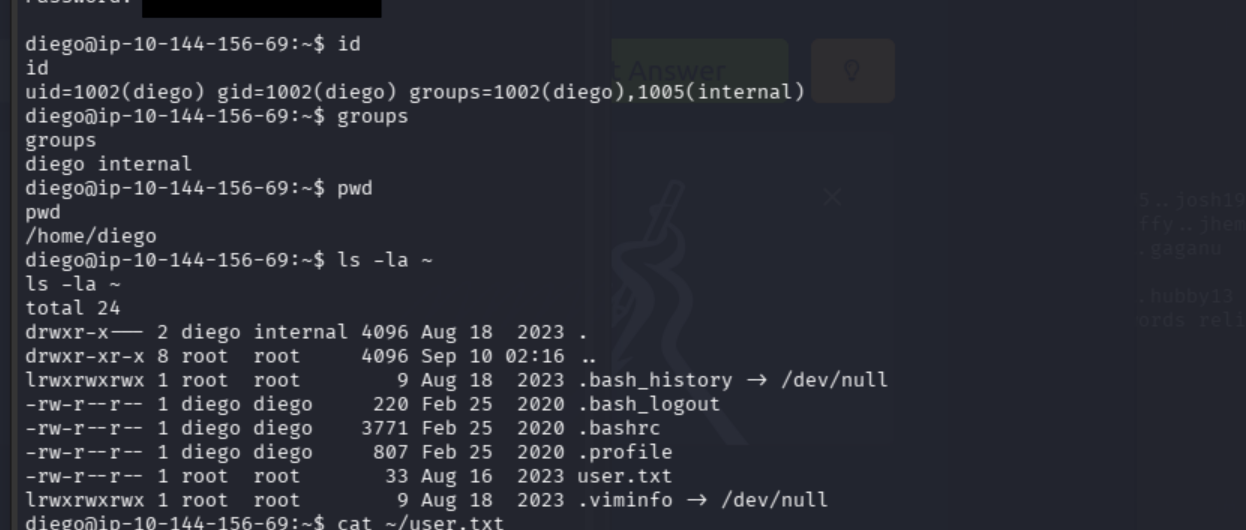 Diego account and home-directory details with the earlier password redacted